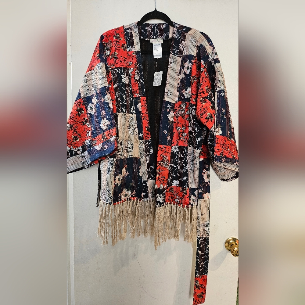 Free People Red and Blue Patchwork Fringe Cape